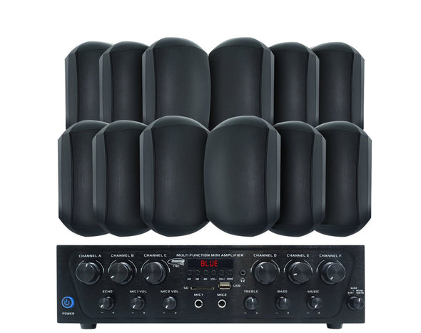 Bluetooth Amplifier + 12x6.5" Outdoor Wall Speakers Cafe 176C+6xWTP660BLK