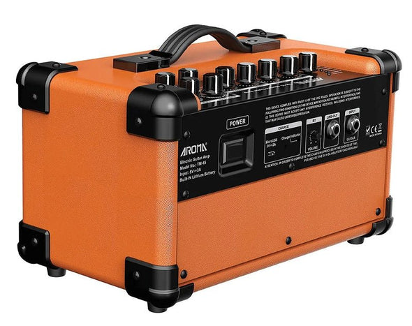AROMA 15W Portable Guitar Amplifier Multi Distortion Clean Tones Bass Treble Control Bluetooth Built-In Battery Orange TM-15-ONG 