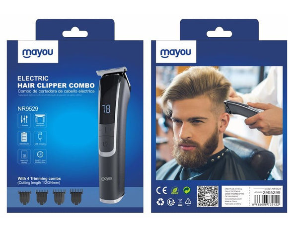 Mayou Electric Hair Clippers 4 Trimming Combs LCD Display Stainless Steel USB Charging NR9529 