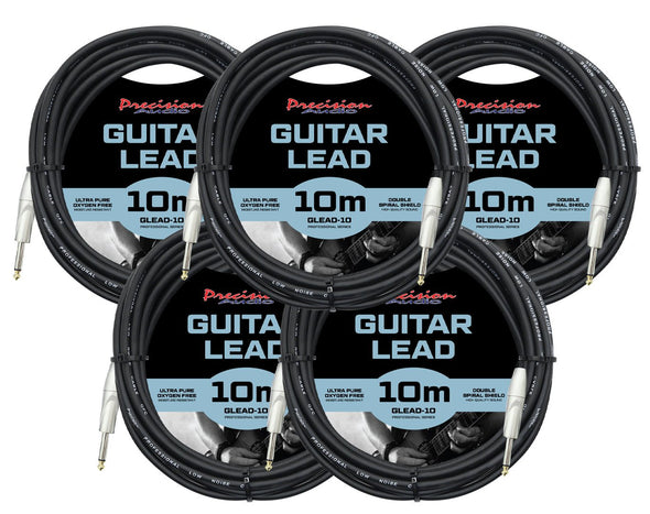 Precision Audio 5 Pack 1/4" To 1/4" 6.35mm Studio Stage Guitar Lead 10m GLEAD10