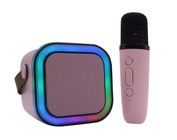 Portable Mini Bluetooth Karaoke Speaker System Wireless Microphone Voice Changer LED Lights S920 Pink
