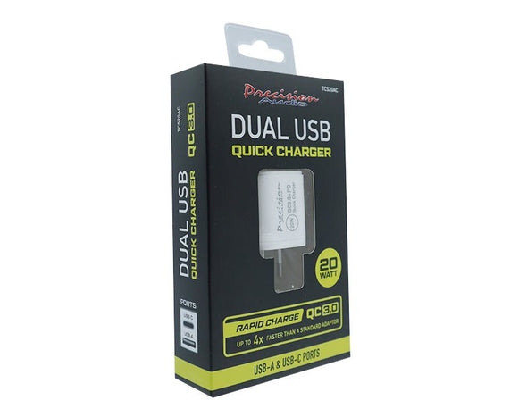 Precision Audio 20W Dual Fast Charge Type-C USB Wall Adaptor QC3.0 TCS20AC 