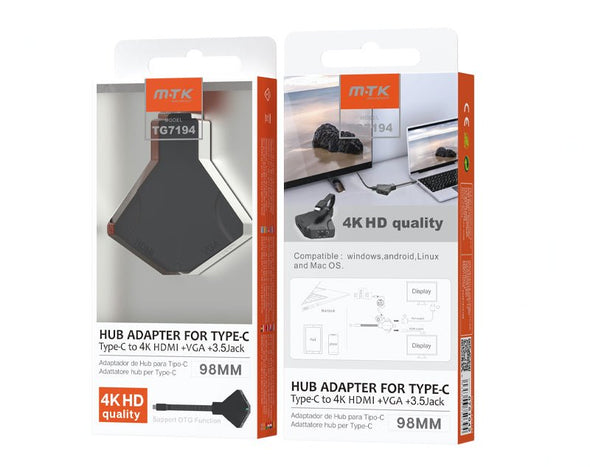 Type-C to HDMI VGA 3.5mm Hub 4 in 1 Adaptor 2160P 10Gbps / VGA 1080P / Audio 98mm TG7194 