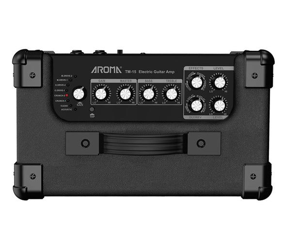 AROMA 15W Portable Guitar Amplifier Multi Distortion Clean Tones Bass Treble Control Bluetooth Built-In Battery Black TM-15-BLK 