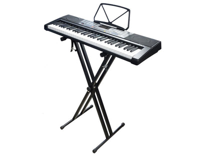 Precision Audio 61 Key Full Size Electronic Keyboard Light Up Keys Note Stand MK2108 & Double Braced Stand Pack 