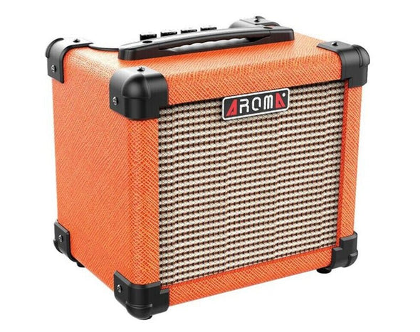 AROMA 10w Portable Guitar Amplifier Distortion Clean Tones Bass Treble Control AA Batteries AG10 Orange