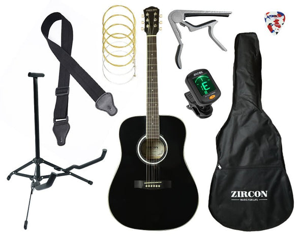 Zircon 41" Full Size 6 String Acoustic Black Guitar Pack Bag Stand Capo Pick Tuner Strings AG300-BLK 