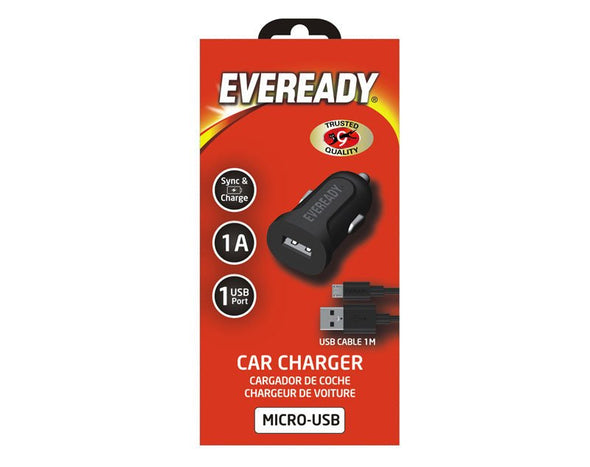 EVEREADY Car Charger Adaptor 1A Black Sync & Charge Micro USB 1m Cable BOX OF 32 