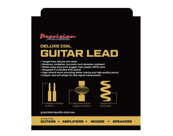 Precision Audio 5 Pack 1/4" To 1/4" 6.35mm Deluxe Coil Studio Guitar Lead Straight to Straight GLEADC10 10m 
